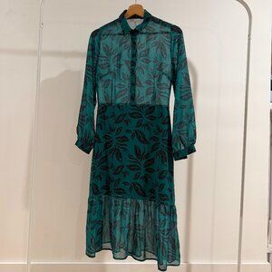 Vittoria Green Leaf Print Long Sleeve Midi Dress Small
